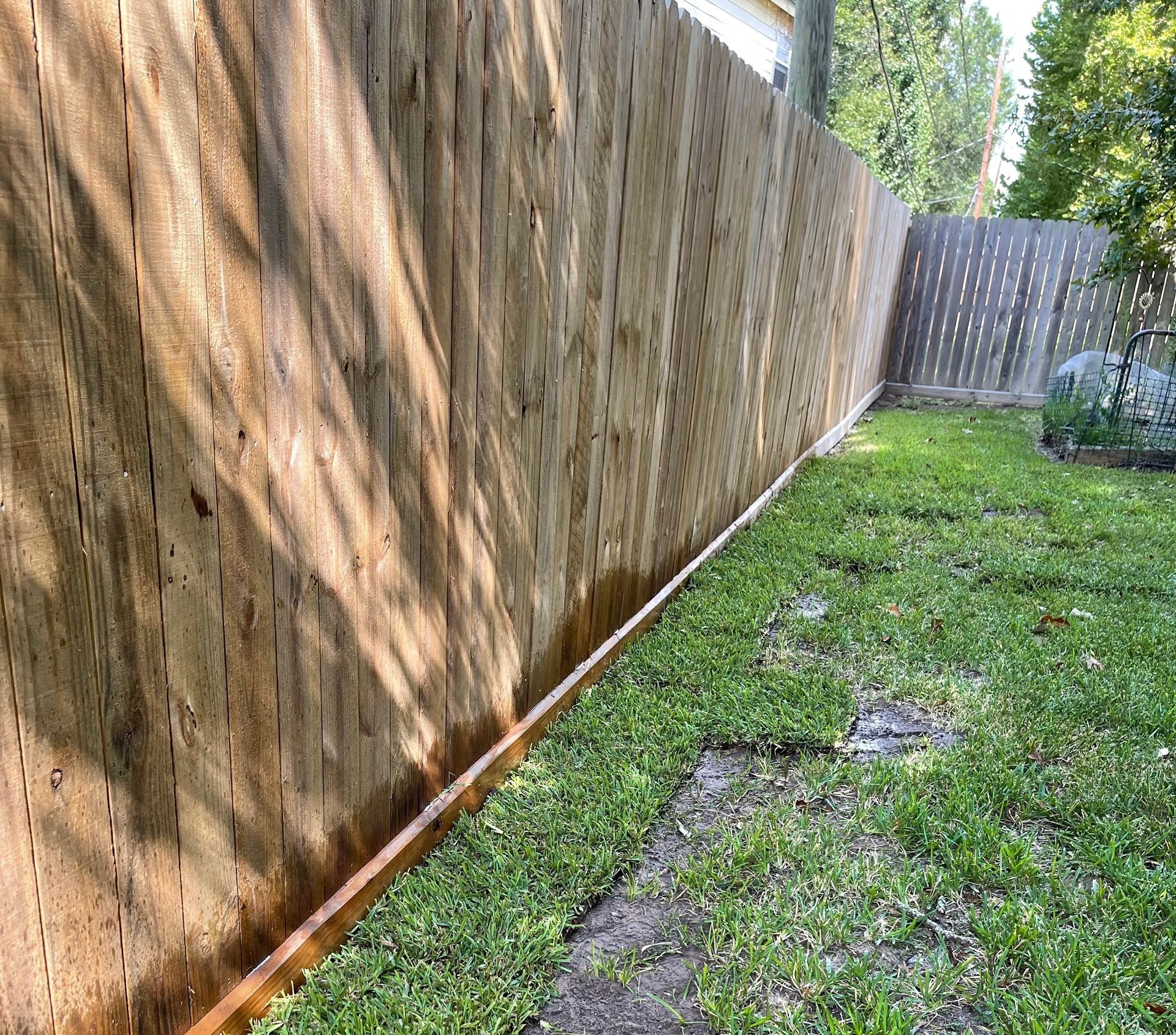 A weathered wooden fence borders a grassy lawn, with sunlight casting shadows.