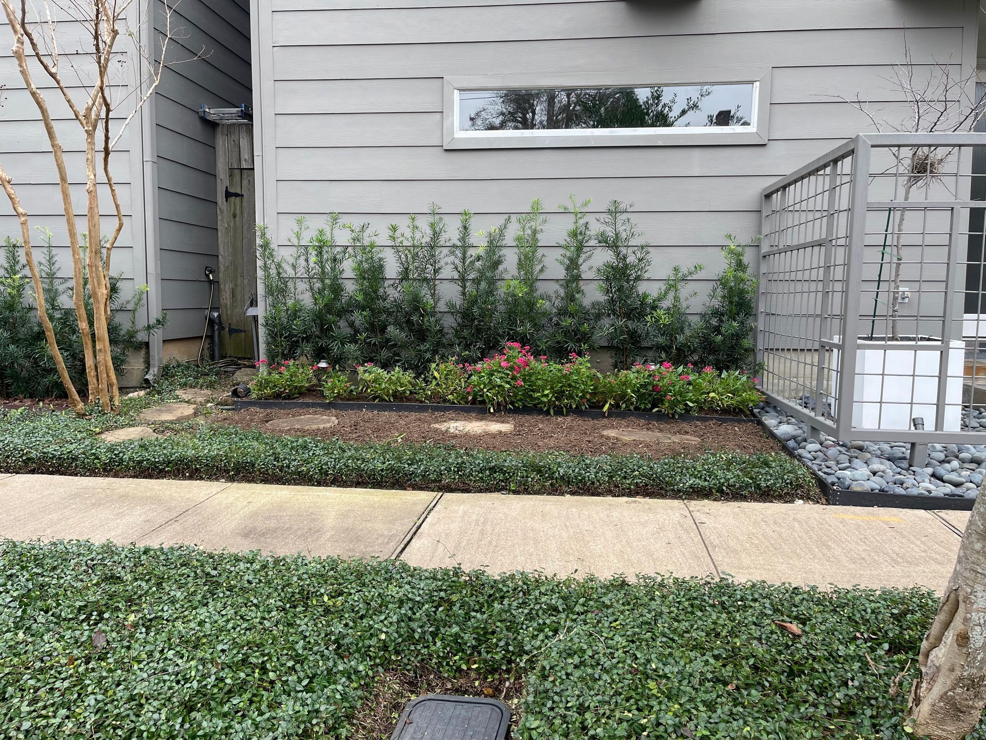 Exterior of a building with a green garden and a concrete walkway.