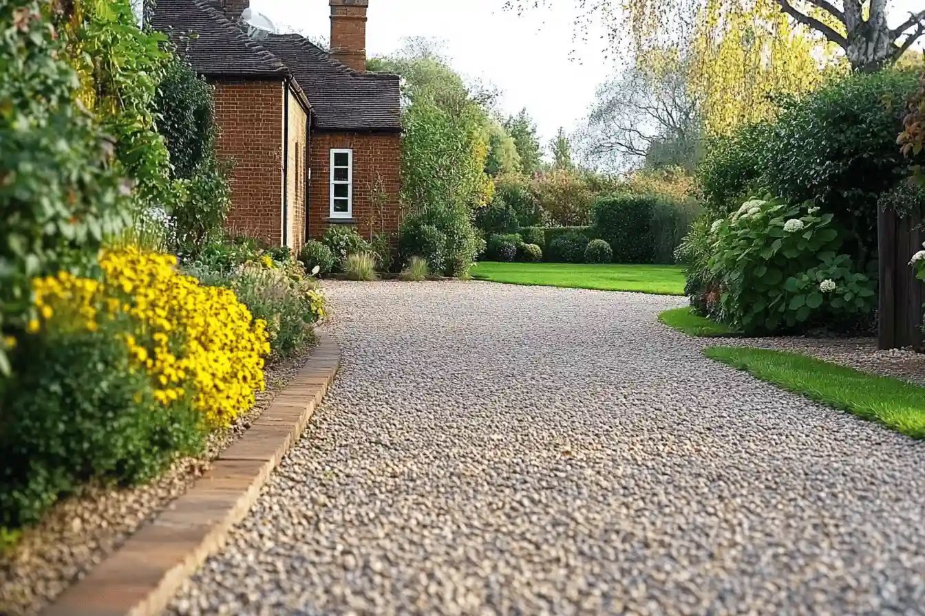 Gravel driveway leading to a brick house, lined with greenery and yellow flowers.