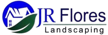 Logo for JR Flores Landscaping, featuring a house, leaf, and text against a blue background.