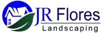 Logo for JR Flores Landscaping, featuring a house, leaf, and text against a blue background.