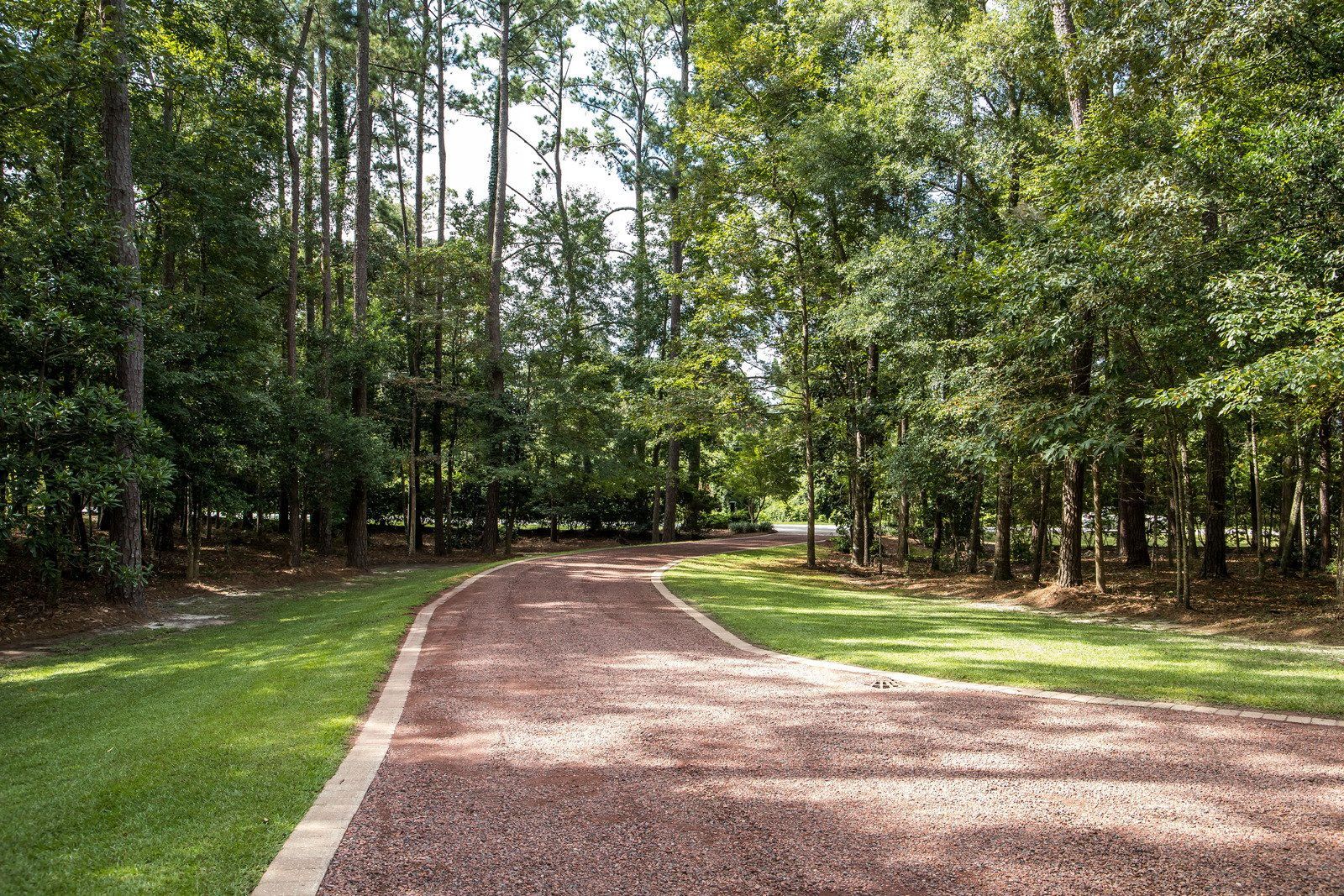 A gravel driveway winds through a tree-lined, grassy area on a sunny day.