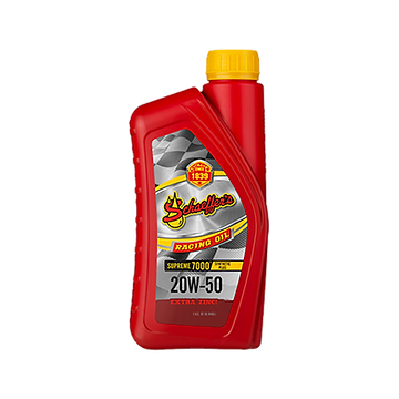 A red bottle of racing oil with a yellow cap on a white background.