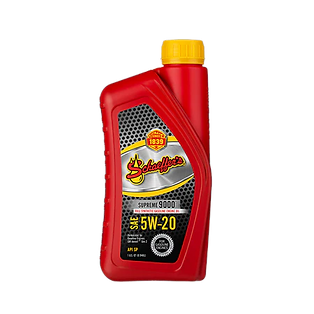 A bottle of 5w 20 motor oil with a yellow cap on a white background.