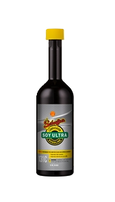 A bottle of soy ultra soy sauce with a yellow cap on a white background.