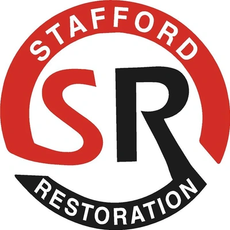 a red and black logo for stafford restoration