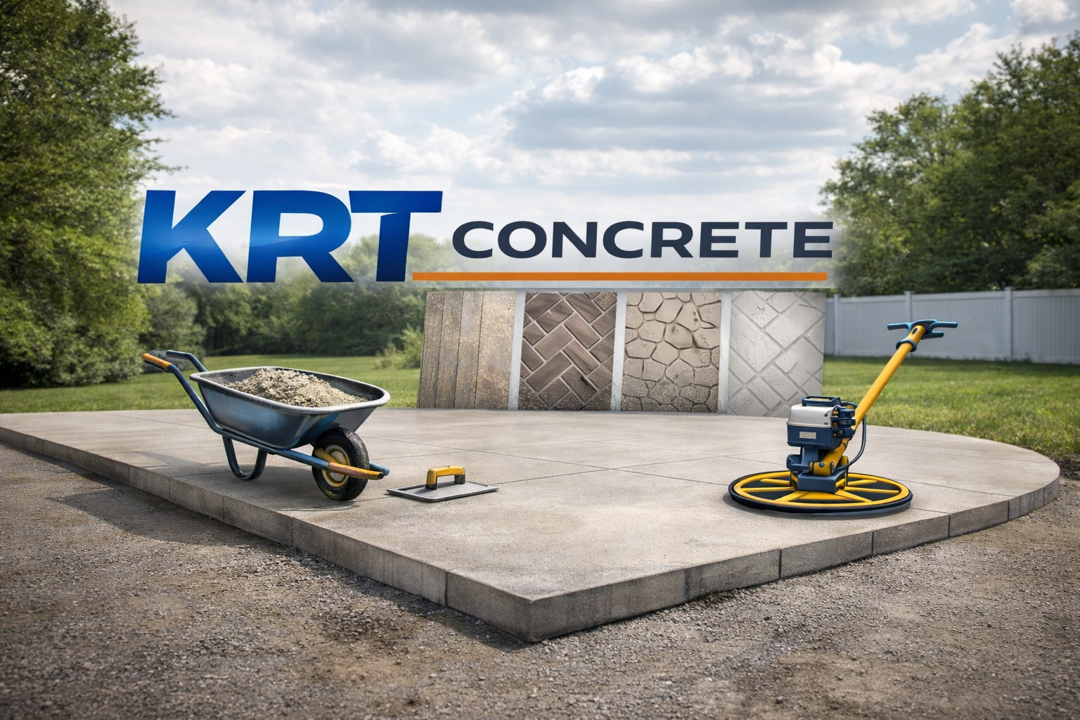 Concrete patio with a house in the background. Grass and white siding. Gray patio surface.