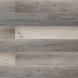 Gray and beige wood-look flooring with wood grain and knots.