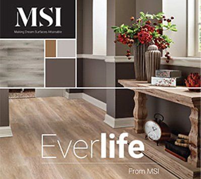 MSI Everlife flooring display in a living room setting. Featuring wood-look flooring and decorative elements.