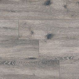 Gray wood-look flooring with visible grain and knots, arranged in a plank pattern.
