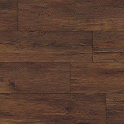 Dark brown wood-plank flooring with visible wood grain and various plank lengths.