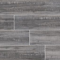 Gray wood-look tile, rectangular planks with visible grain and texture.
