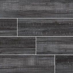 Dark gray, wood-look tile flooring.