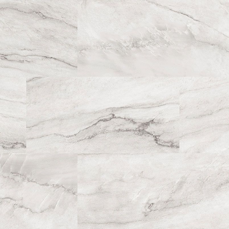 White marble-patterned flooring with gray veining, simulating natural stone in a home.