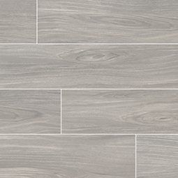 Gray wood-look tile flooring with horizontal planks.