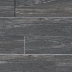 Dark gray wood-look tile flooring with swirling grain patterns.