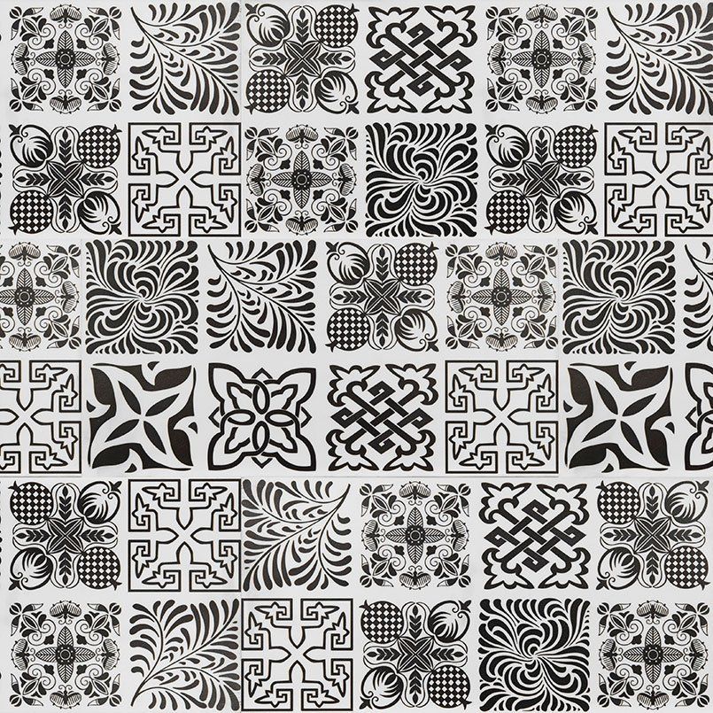 Black and white repeating tile pattern with floral, geometric, and abstract designs.