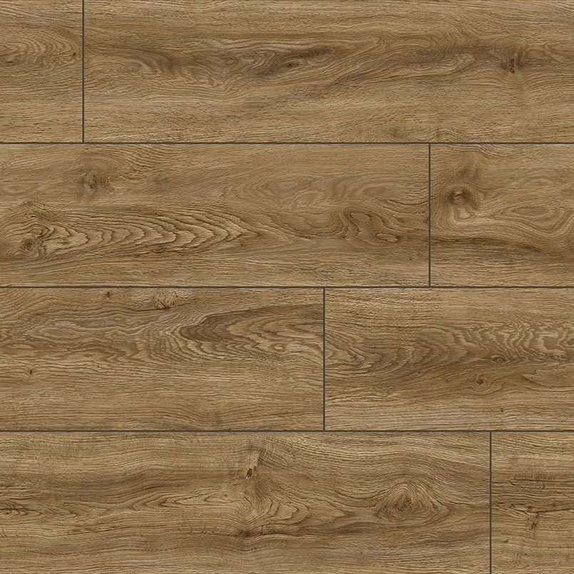 Close-up of brown wood-look flooring planks with visible grain and slight color variations.