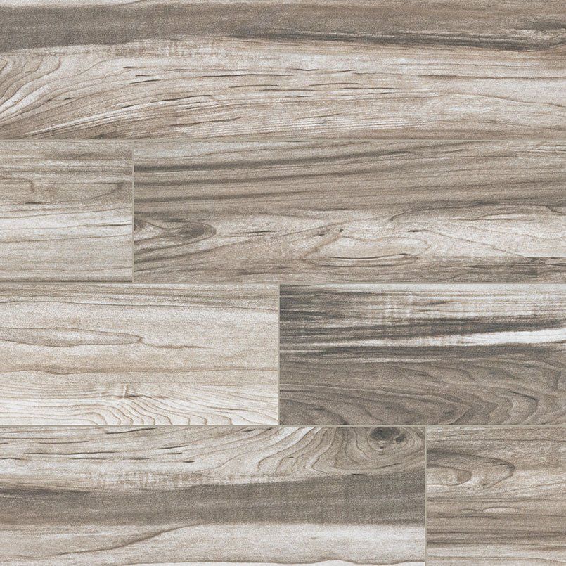 Wood-look tile flooring with a neutral gray-brown grain pattern.