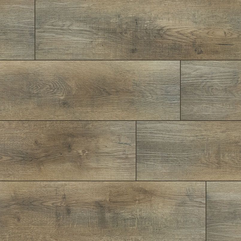 Wood-look flooring in shades of brown and gray.