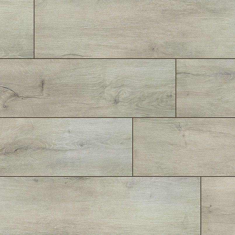 Light gray wood-look flooring, with horizontal planks and visible grain texture.