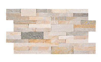 Stacked stone tile in beige, gray, and gold colors, creating a textured, uneven surface.