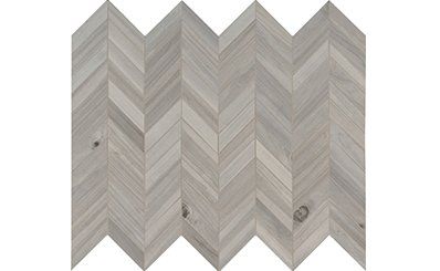 Gray chevron-patterned wood flooring.