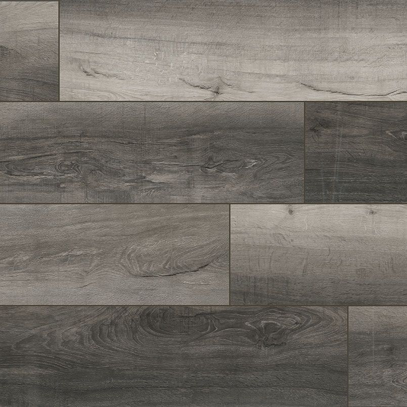 Gray and dark brown wood-look flooring with horizontal planks.