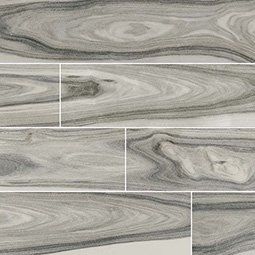 Grey and white wood-look tile pattern with swirling grain detail.
