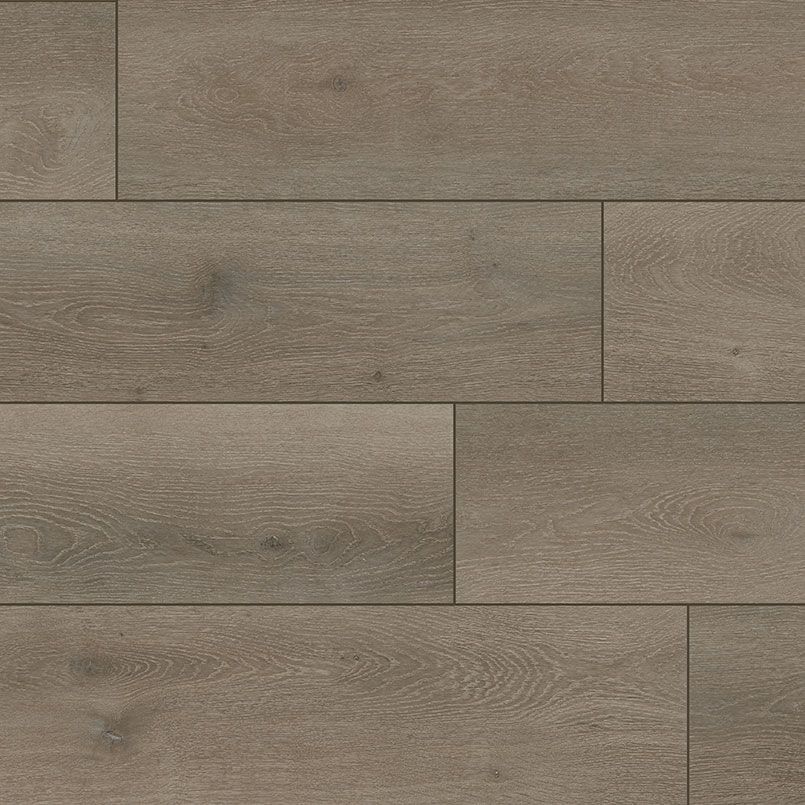 Wood-look flooring in shades of gray and brown, with a natural wood grain pattern.