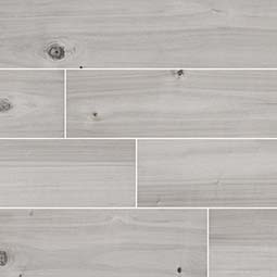 Light grey wood-look tile with subtle grain and knots.