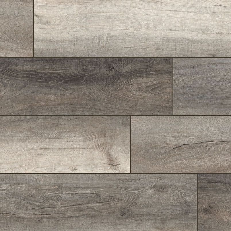 Gray and brown wood-look flooring tiles arranged in a staggered pattern.