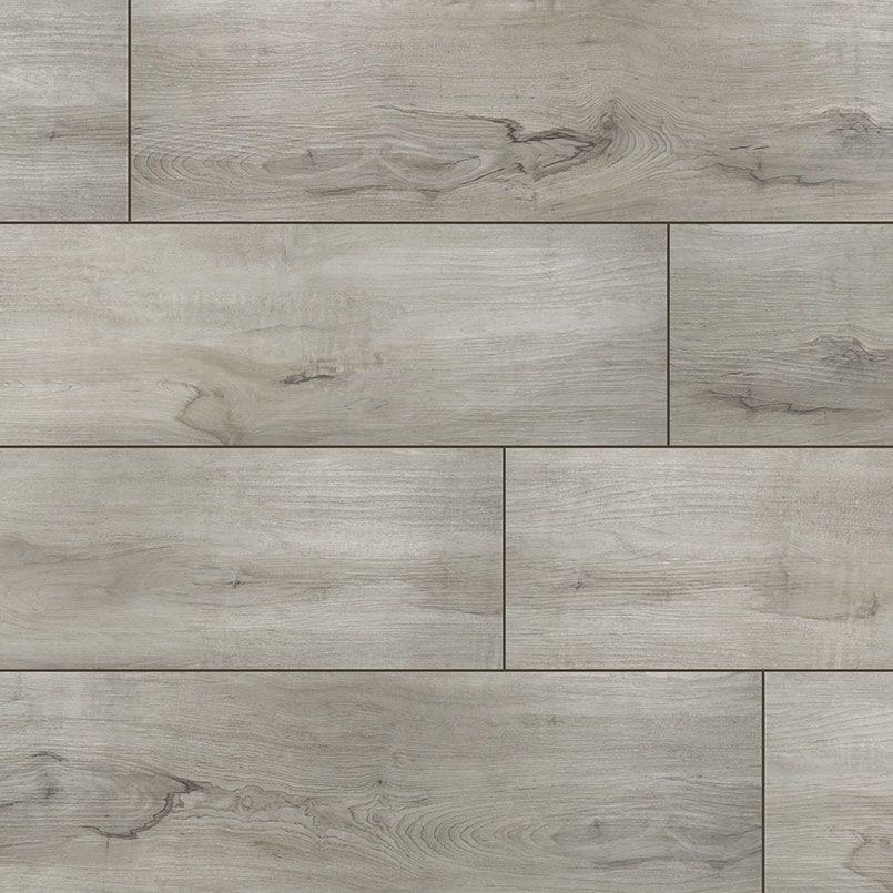 Light gray wood-look tile flooring, rectangular planks arranged in a staggered pattern.