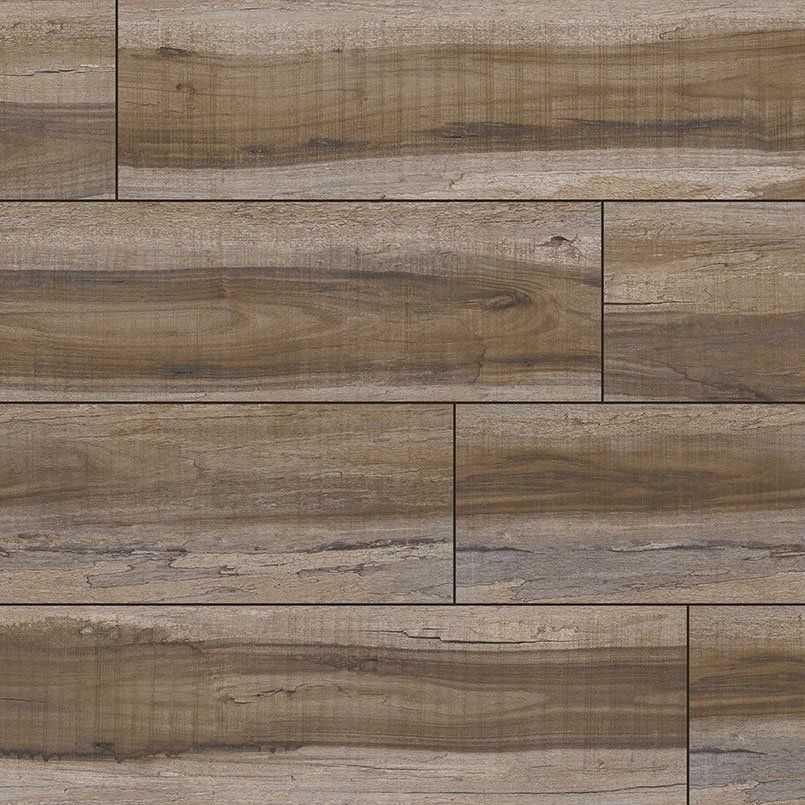 Wood-look tile flooring in shades of brown and gray, with visible wood grain and rectangular tile pattern.