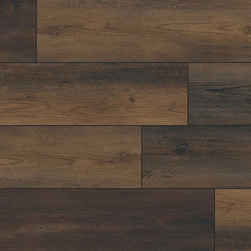 Dark brown wood-look flooring with varying shades and grain patterns.