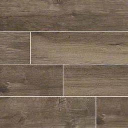 Wood-look tile floor with a dark brown color and visible wood grain pattern.
