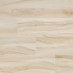 Light beige wood-look tile flooring with swirling grain patterns.