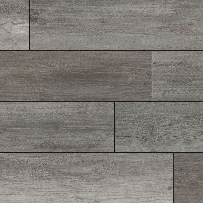 Gray wood-look flooring with visible wood grain details, arranged in a staggered pattern.