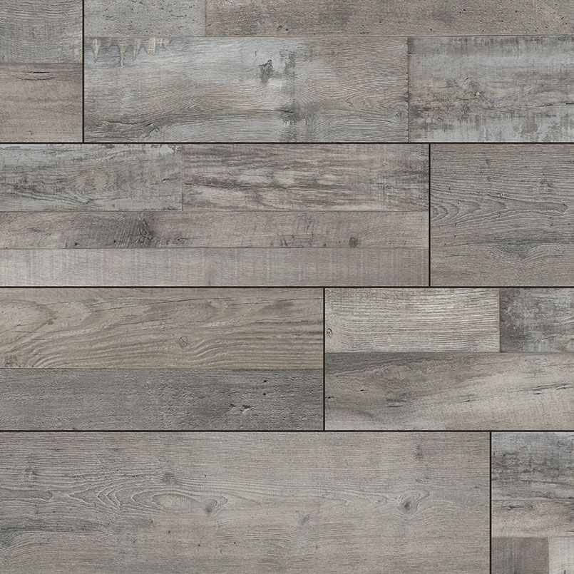 Gray, weathered wood plank flooring.