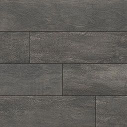 Dark gray wood-look tile flooring. Horizontal planks with visible grain detail.