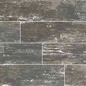 Gray and white distressed wood-look tile flooring.