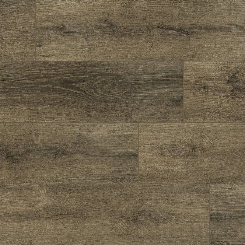 Dark brown wood-look flooring with grain and knots, planks arranged horizontally.