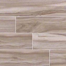 Wood-look tile in shades of beige and brown arranged horizontally, mimicking the appearance of wood planks.