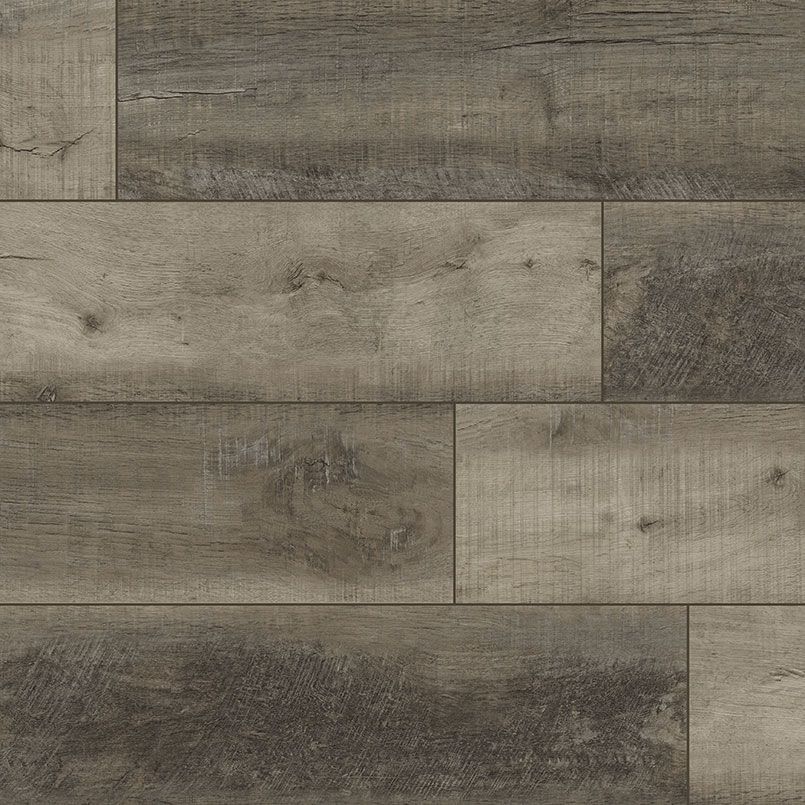 Wood-look flooring with a weathered, gray-brown appearance. Rectangular planks with wood grain texture.