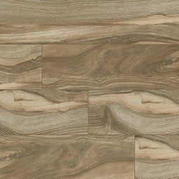 Wood-look tile flooring with swirling patterns in shades of brown and beige.