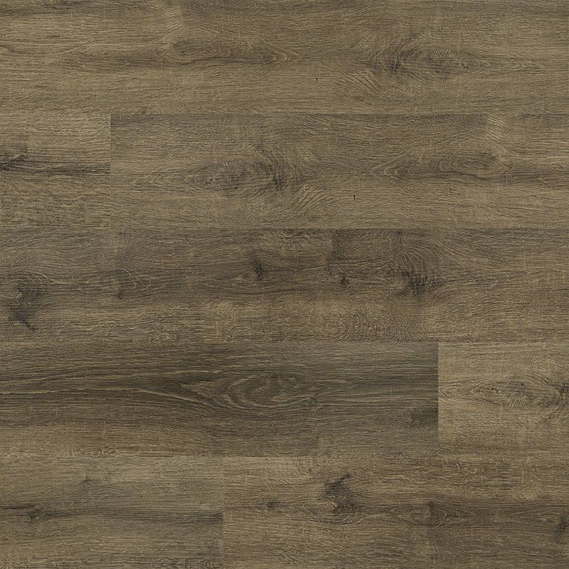 Brown wood-look flooring with a textured grain pattern, creating a warm, natural aesthetic.