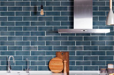interior kitchen blue subway tile
