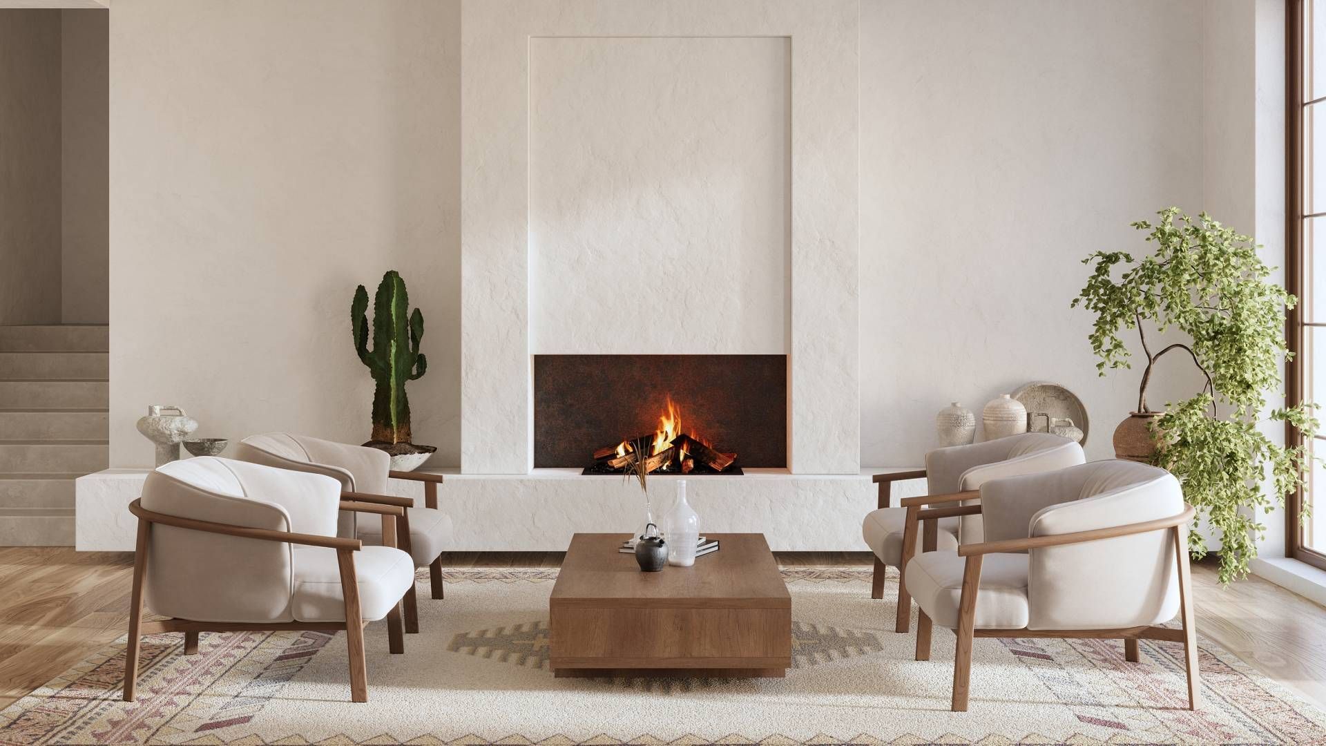 Modern bathroom with floating wood vanity, round mirror, and textured black wall.