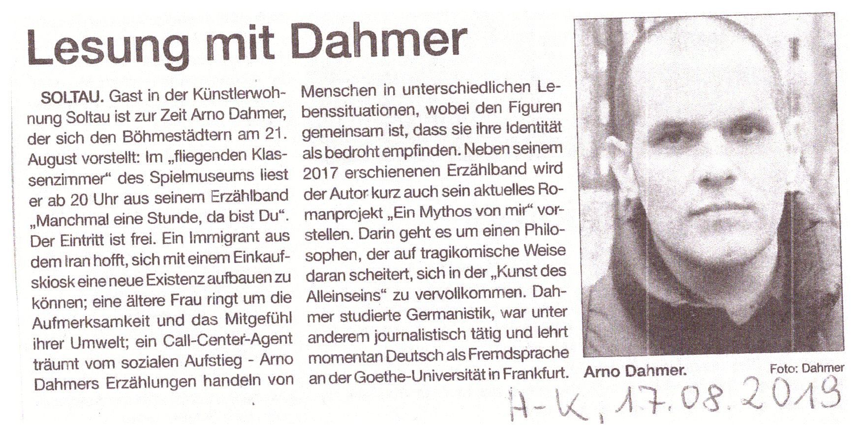 Ankündigung einer Lesung Arno Dahmers in Soltau (Heide Kurier)