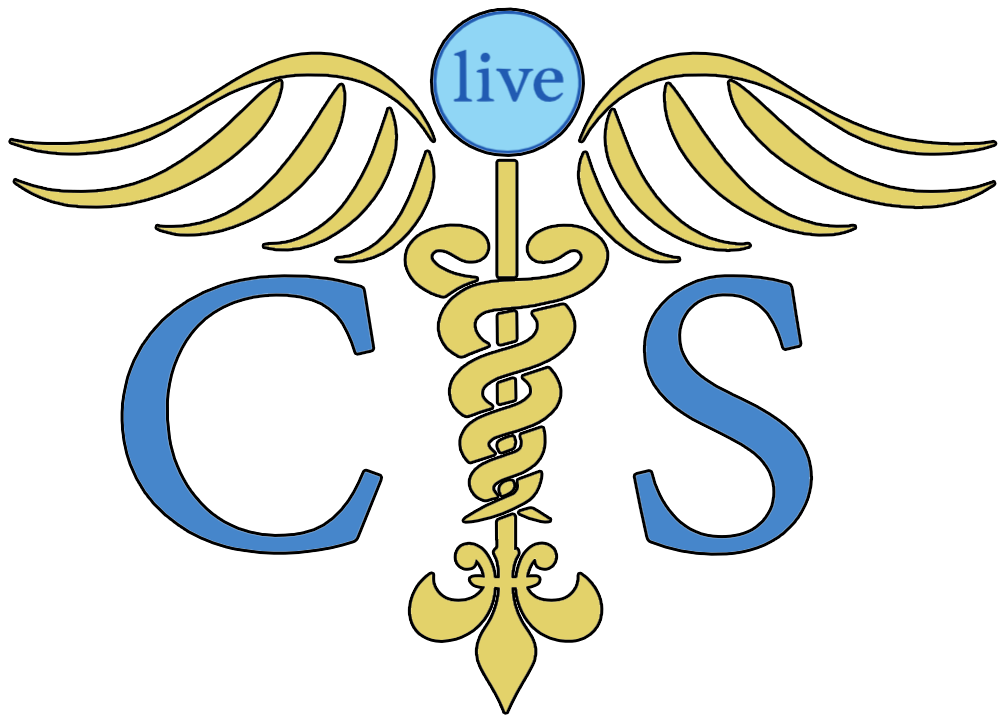 A caduceus with wings and the word live on it